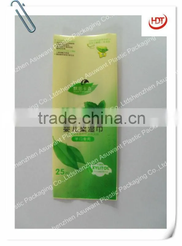 side gusset plastic baby wet tissue packaging bag with stick label