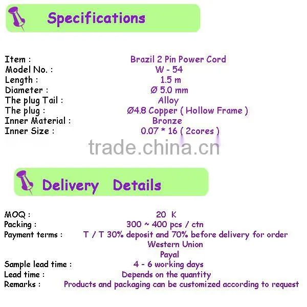 Brazil 2 pin power cord/cable/wire / Stripped 4.8 Plug