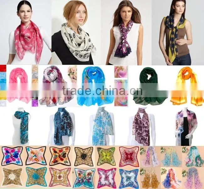 Long Soft Women Blue Chiffon Scarves Peony Peafowl Wrap plain yellow silk scarf
