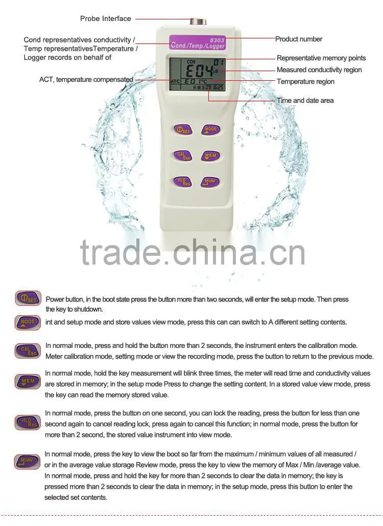 AZ8303 Portable Conductivity Laboratory Detection Tester Digital Conductivity Meter With Automatic Calibration