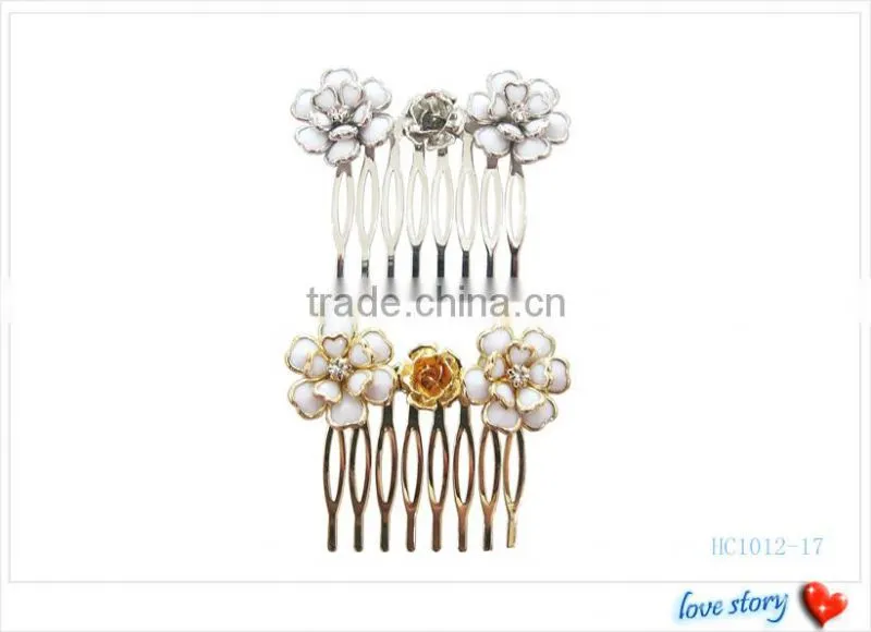 Decorative hair side combs with beautiful flower, metal hair comb for women