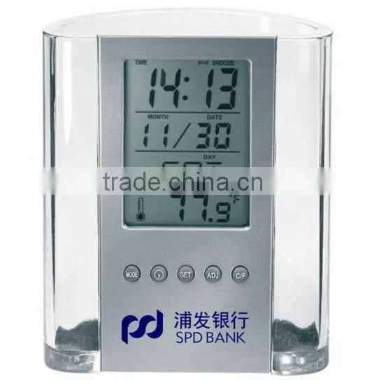 Plastic Transparent Multifunctional Pen holder Calendar Timer Thermometer Clock