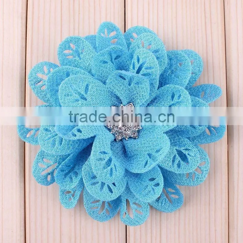 hot cutting fabric flower with rhinestone center for kids hair accessories
