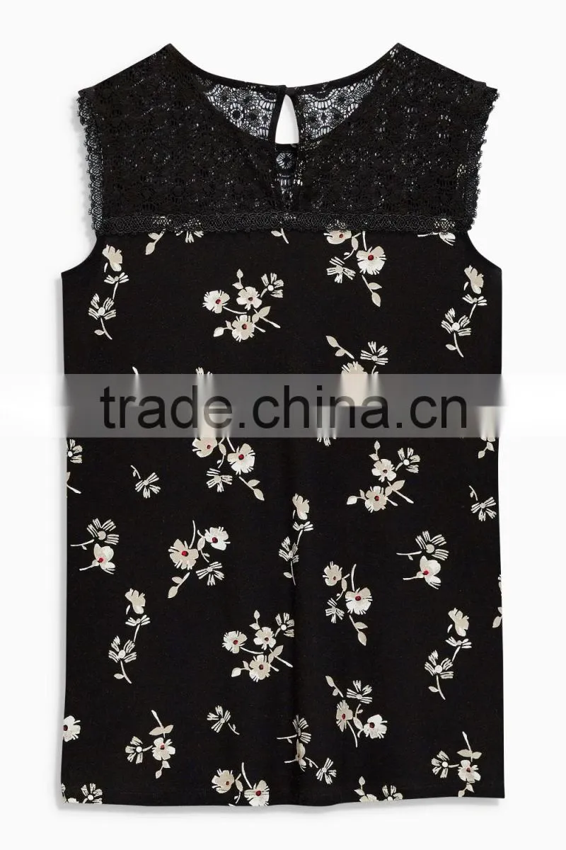 2016 Fashion Jersey Sleeveless Top With Beautiful Lace Yoke HST8033