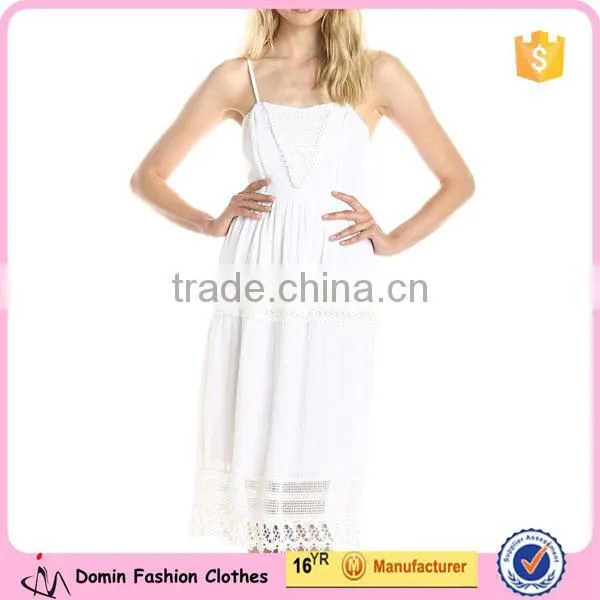 Women's Sweetheart Neckline and Crochet Insets Strappy Embroidered Cutwork Hem Midi Dress
