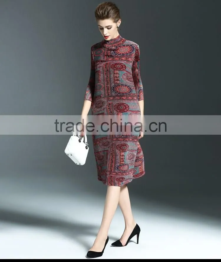 Ancient printing high neck oversize spring dresses for fat lady