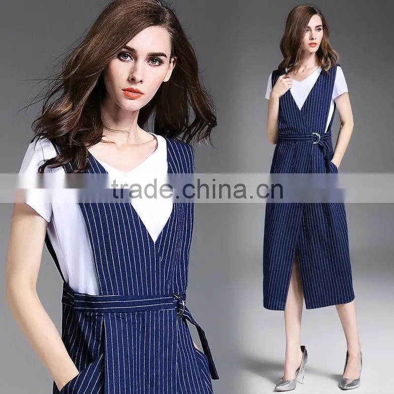 Fashion Women Sleeveless Striped Spaghetti Strap Dresses New Design Denim Maxi Dress