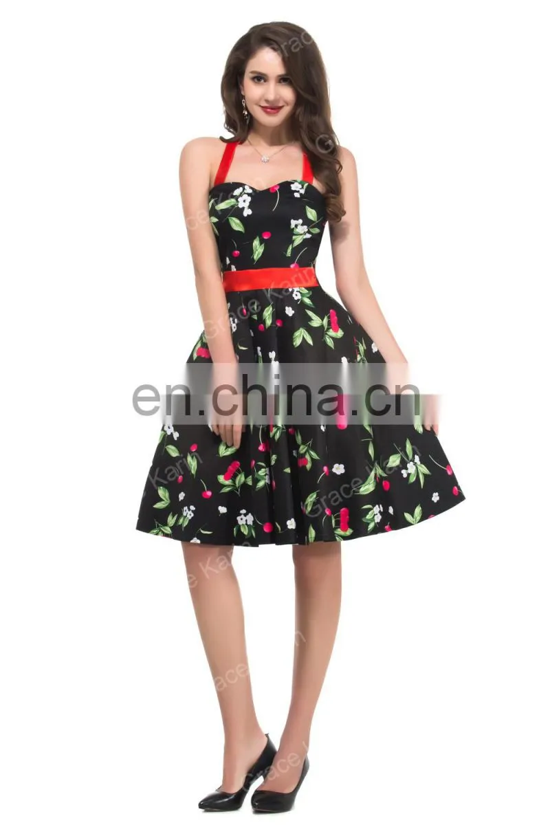 Grace Karin Ladies Halter Plus Size Sleeveless Cherry Printed Vintage Pin Up Vintage Retro Dress CL4595-1#