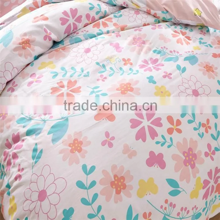 Colorful flower printed cotton children bed sheet set eco-friendly bedding set pink and white kids duvet cover set