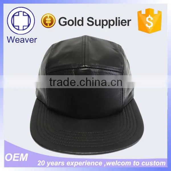 Blank China Good Wholesale Black Leather Strap Faux Leather 5 Panel Hat Manufacture