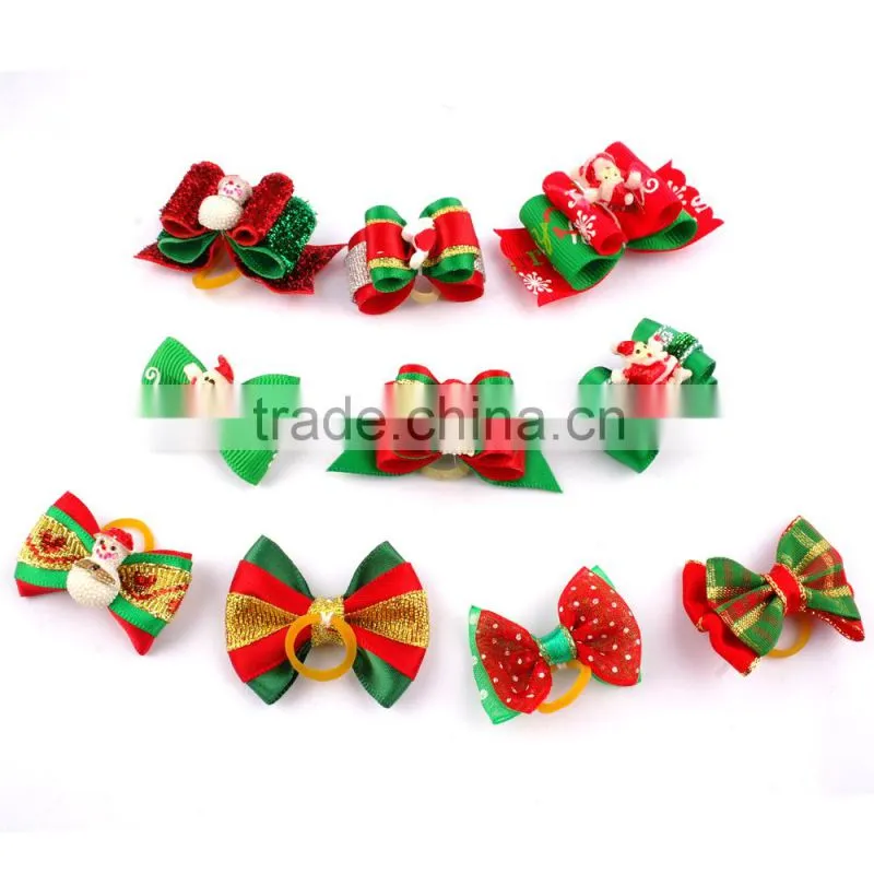Various Design Holiday Christmas Ribbon Dog Cat Hair Bows With Rubber Band