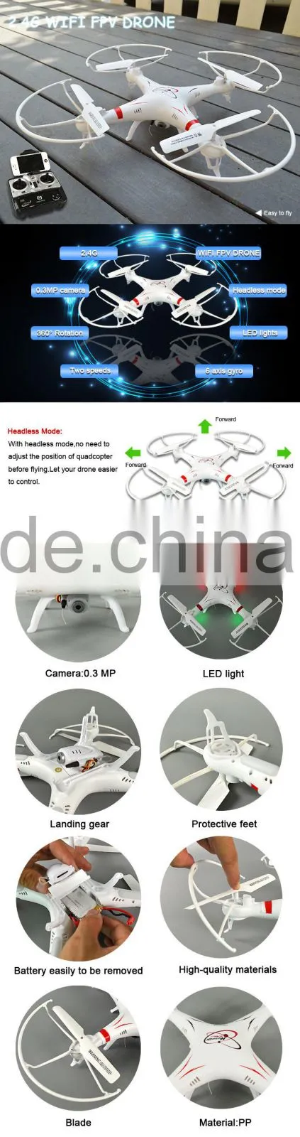 Two control mode 2.4G RC WIFI quadrocopter drone with 0.3MP camera.