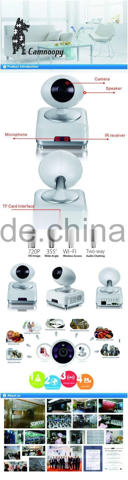 Camnoopy two-way audio plug and play IR night vision HD720P wireless wifi ip camera
