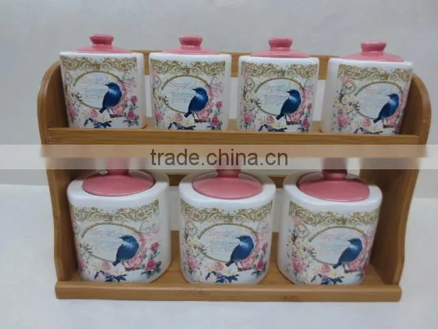 Brown Embossed 7 PCs Ceramic Food Jars Set with Bamboo Lid and Iron Stand