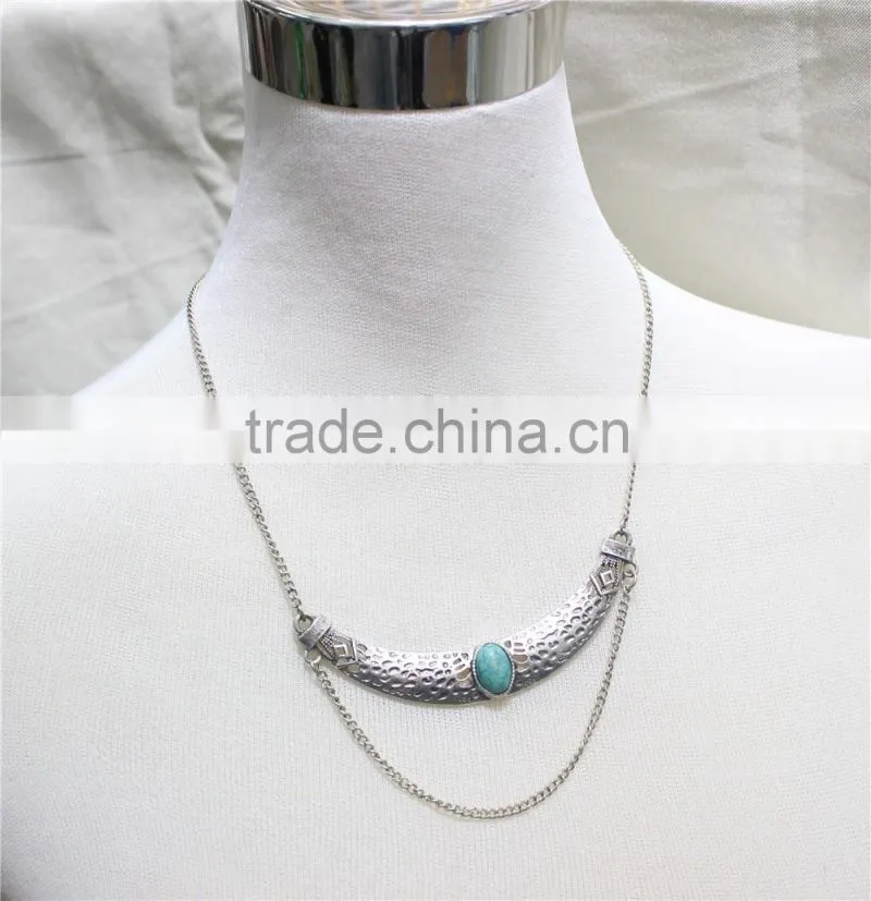 Anti-silver Folk w/ Blue Stone Statement Necklace Simple Chain Necklace 2016 Fashion Style Wholesale