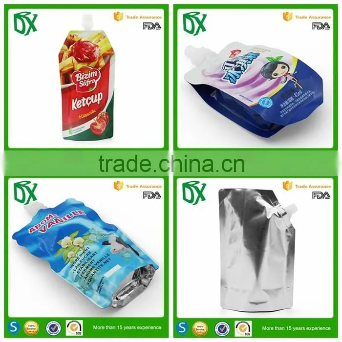 Alibaba website reusable disposable translucent flexible frozen plastic stand up spout juice bags
