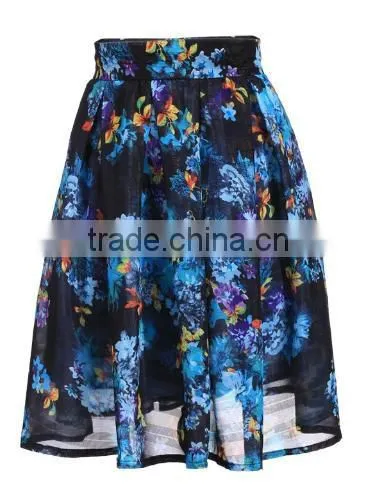 Stylish Lady Sexy Women's Fashion Knee-length Floral Printed Pleated Skirt