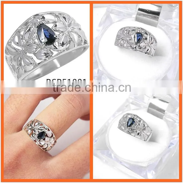 Hollow Ring, sterling silver and sapphire 4x6mm faceted pear,men's ring.