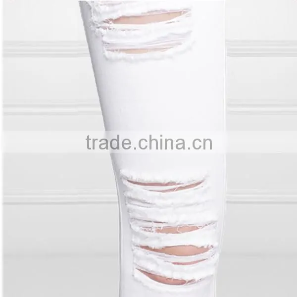 2014 Fashion China Wholesale White stretch cotton distressed holes latest design denim fabric jeans pants factory