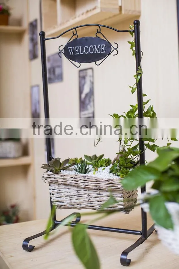 Indoor decor iron stand hanging wicker woven flower basket