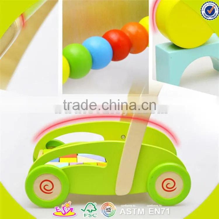Wholesale top quality wooden baby blocks cart toy colorful wooden baby blocks cart push walker W16E027