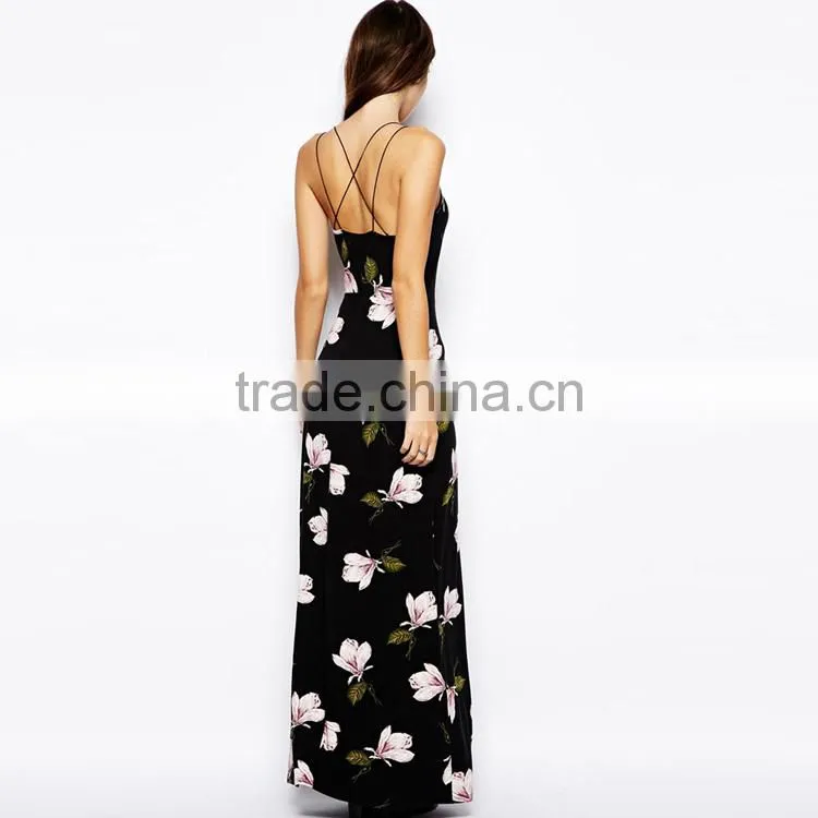 Ladies Summer Sleeveless Classic Floral Print Deep V-neck Back Open Sexy Halt Fitted Long Sexy Split Maxi Dress
