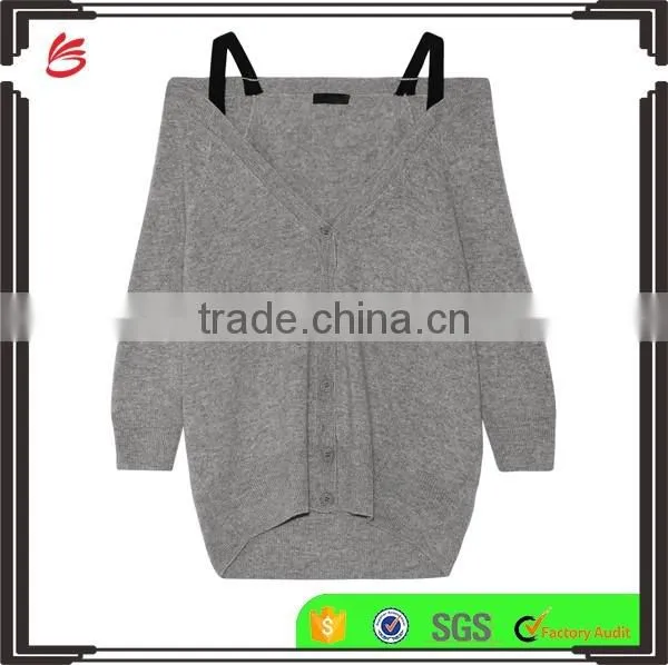 Custom Made Women Gray and Black Cashmere Off-Shoulder Cardigan with Black Shoulder Straps