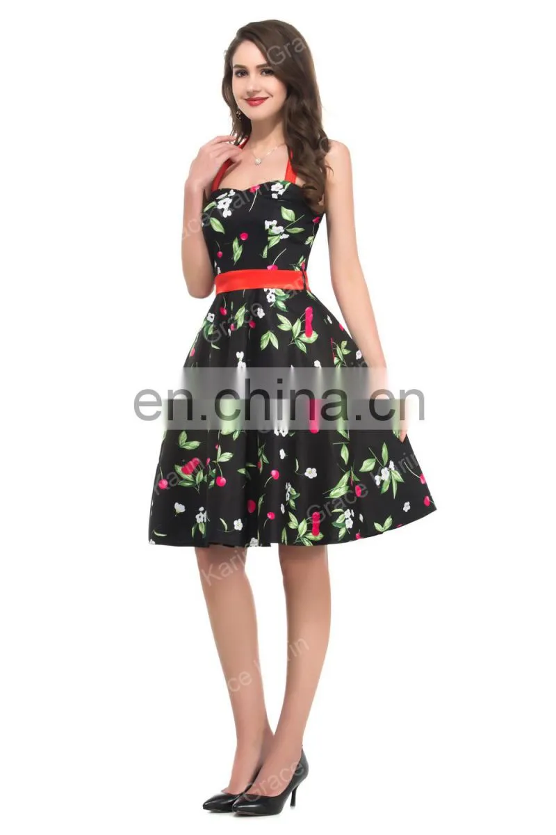 Grace Karin Ladies Halter Plus Size Sleeveless Cherry Printed Vintage Pin Up Vintage Retro Dress CL4595-1#