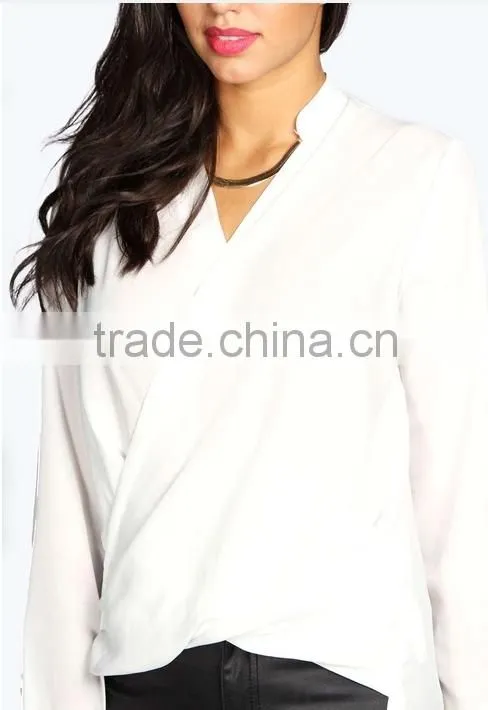 2015 china manufacturer customized ladies maxi length drape front shirt