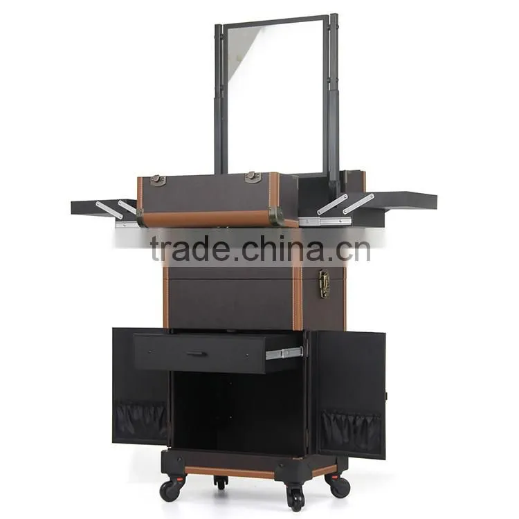 Professional large size rolling cosmetic case trolley 2 in1 makeup case with mirror