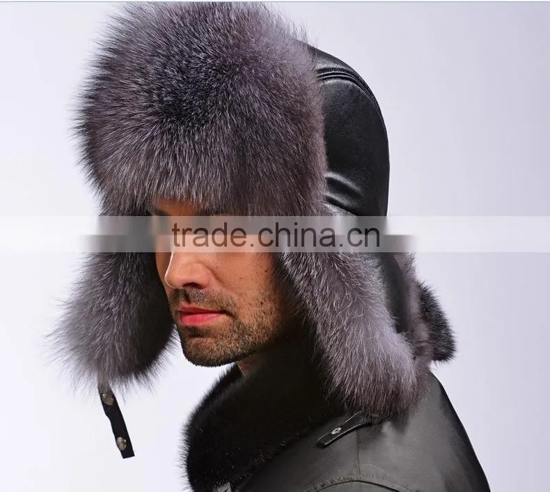 Classic Male Plush Silver fox fur Bomber Hats High quality Winter warm Hats