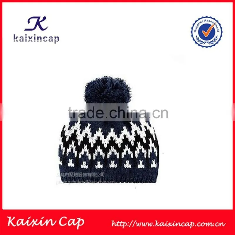 customized white stripes knitted beanie hat with pom