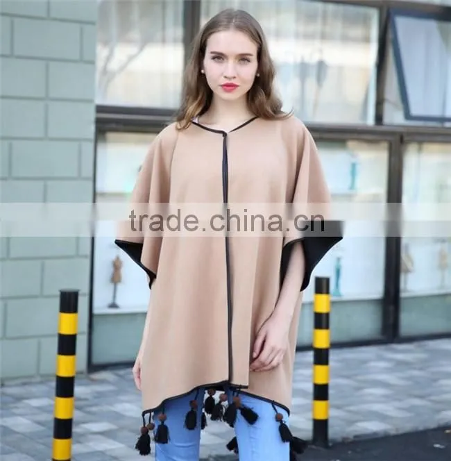 Big street PU edging latest fashion wooden beads decorated office shawl cloak