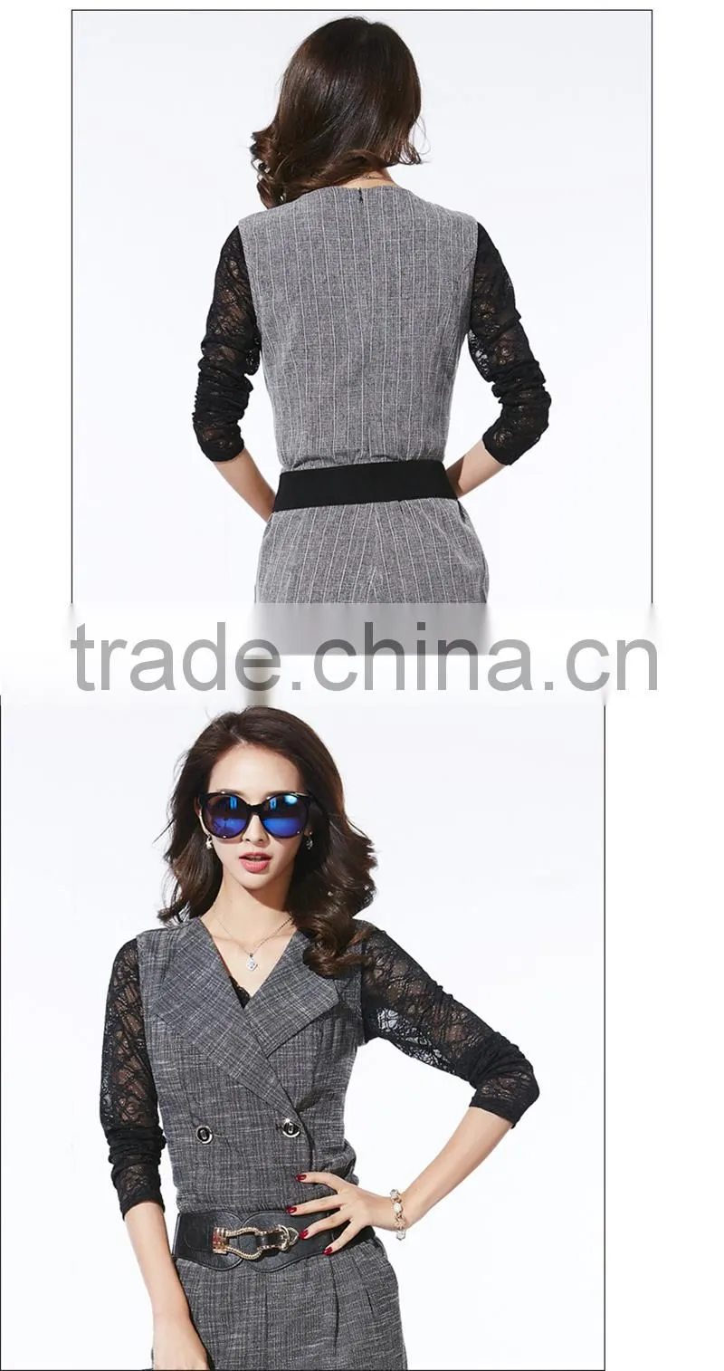 OEM 2015 Winter Lastest Design New High Waist Playsuits with Belt Fashion OL Long Romper Sleeveless Women Jumpsuits