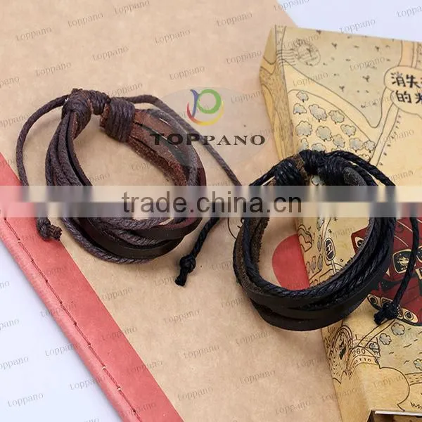 Top quality vintage style red and black stainless steel charm genuine leather bracelet for men