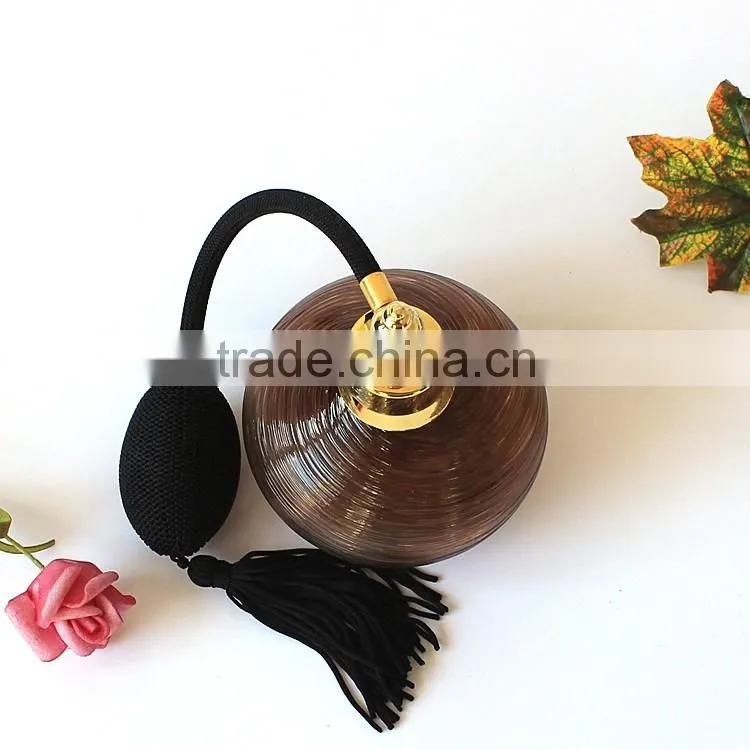 High Style Handmade Brown Stripe Ellipse Glass Perfume Bottle With Gasbag Sprayer Pump