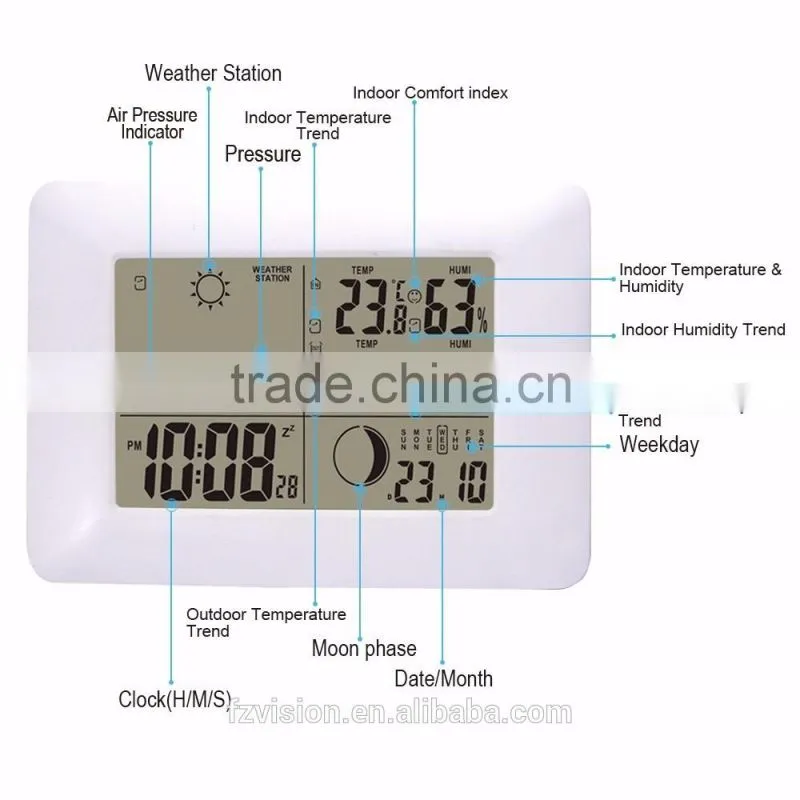 White RF Digital Clock Wireless Weather Station with Blue Backlight Thermometer Hygrometer Barometer 3 transmitters