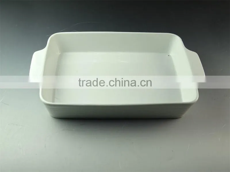 Stocklot 17inch rectangular shape yellow line glaze ceramic bakeware with handles