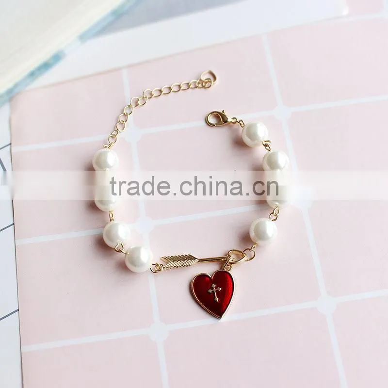 Cupid arrow love bracelet gold arrow red enamel cross heart charms pearl bead link bracelet