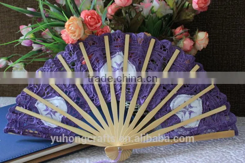 purple embroidery lace bamboo wedding fan
