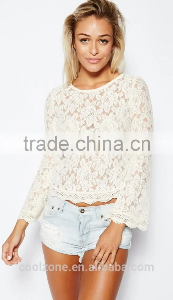 New arrival fashion loose through look floral lace lady blouse