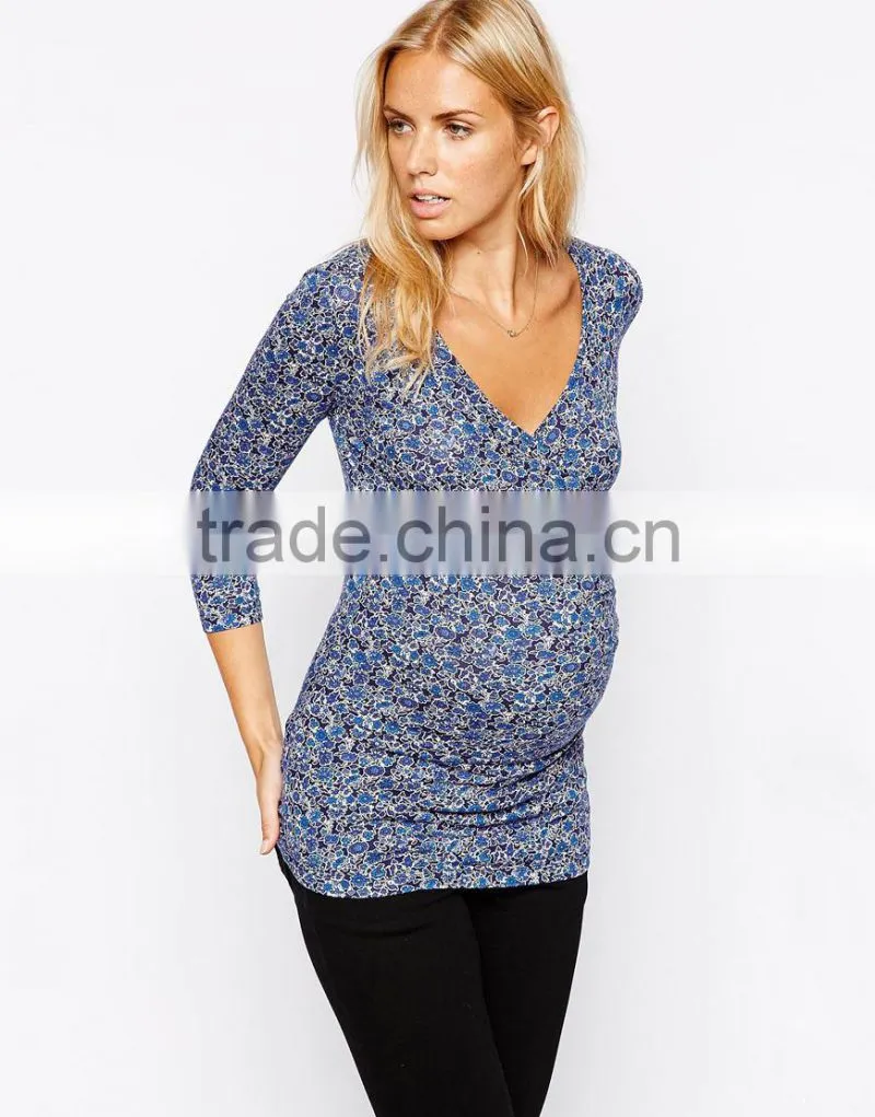 Maternity Top Isabella Oliver Blue Ditsy Print Wrap Tuni