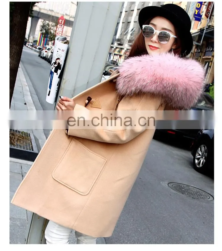 Fashion Hot Women Winter Raccoon Fur Short Hooded Korean Cashmere Wool Coat