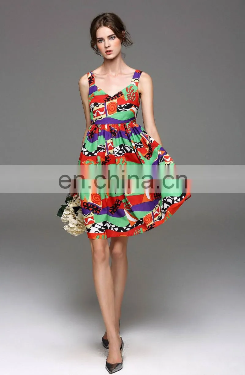 Ladies high quality linen v neck dress designs wide strap dress