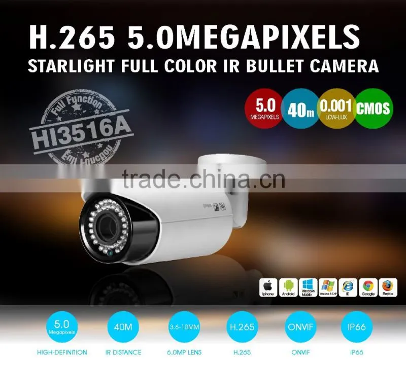 H.265 Security IP Starlight Full Color IR Bullet Camera 1/1.8" SONY 178 CMOS 5.0MP Night Vision Megapixel CCTV Camera