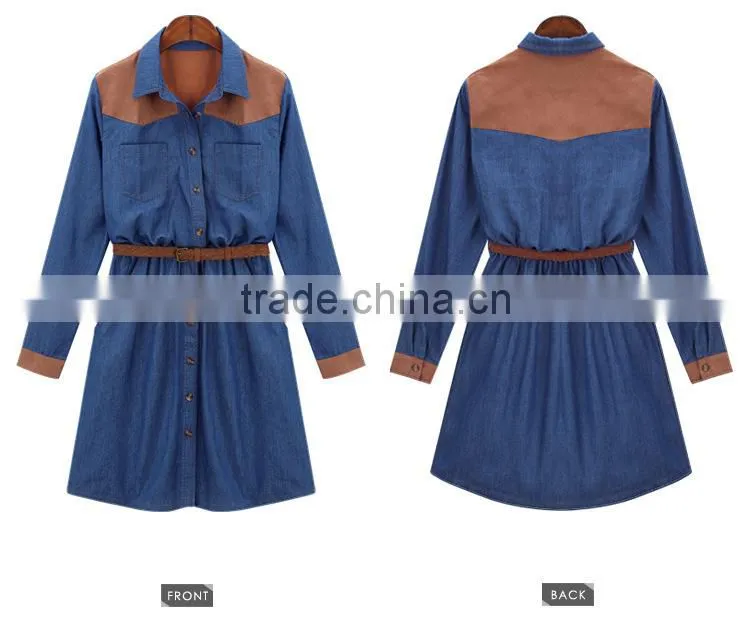 2015 fashion high quality New Arrival girls long sleeve denim winter dress with contrast color