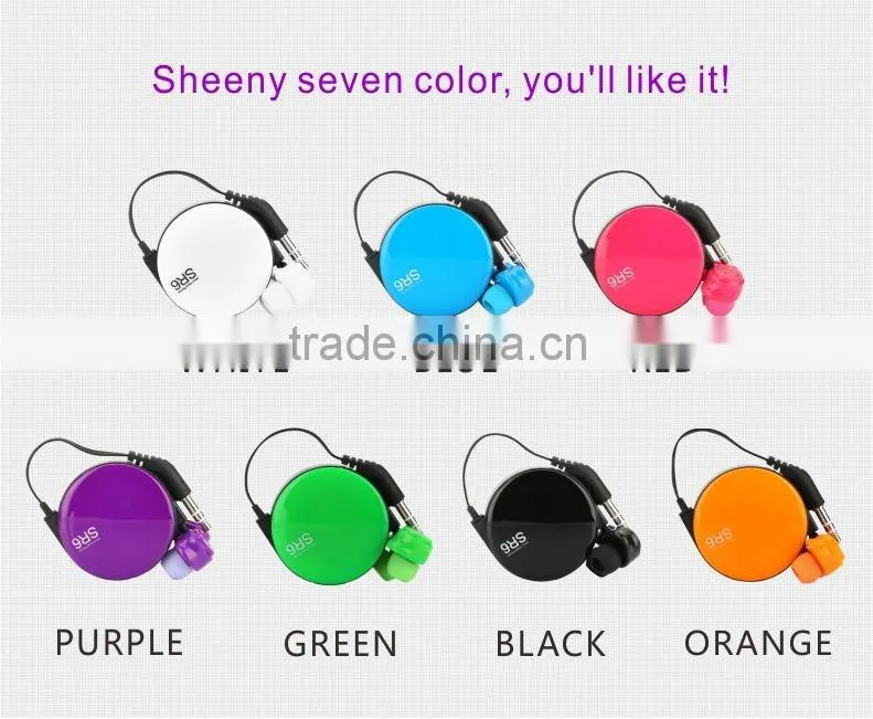 Top quality 3.5mm Stereo In-ear Design Colorful Patent SR6 Retractable Earphone Earbuds for MP3 Android Samsung HTC LG IOS