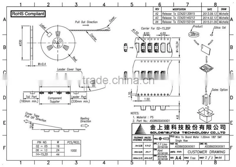 1.0mm Pitch 4-pin PCB Wire to Board SMT 180 Connector