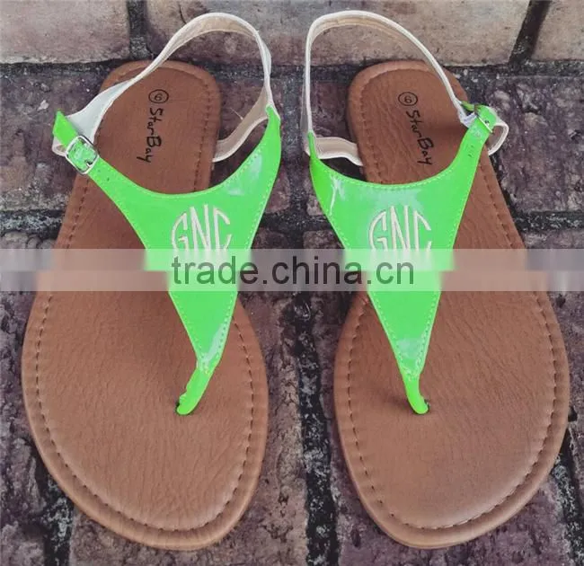 New Womens T-Strap Flat Flip Flop Monogrammed Sandals