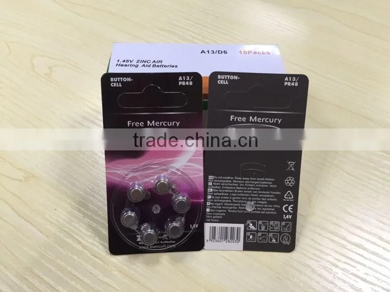 Free mercury A10 / A13 / A312 / A675 hearing aid battery mercury free batteries